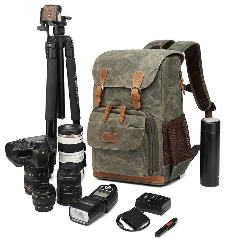 Canvas DSLR camera backpack in khaki colour with backpack straps and storage compartments