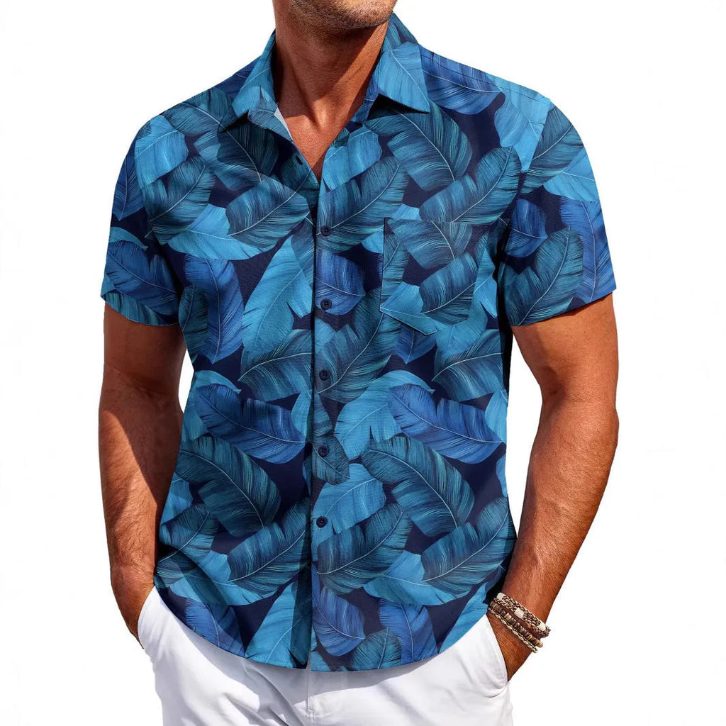 Man wearing a slim fit short sleeve Hawaiian print cardigan shirt in a solid colour.