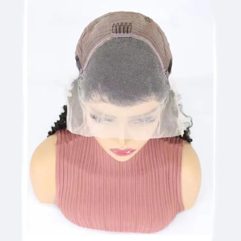 Human hair half lace wig in a solid colour shown at a medium length