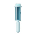 Blue reusable pet hair remover roller with self-cleaning base on a fabric sofa.