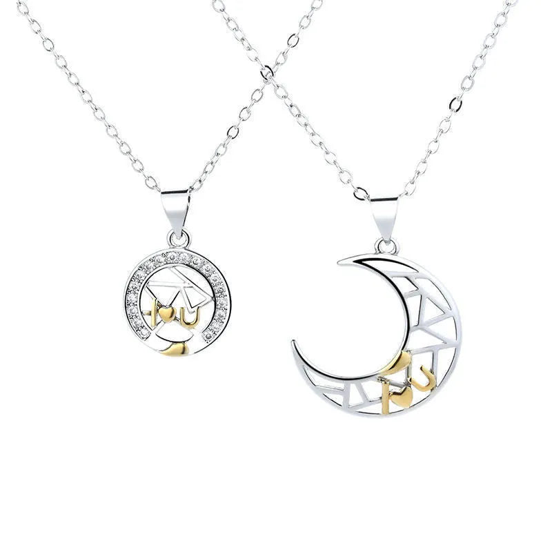 Red sun moon couple necklace with copper pendants on cross chain