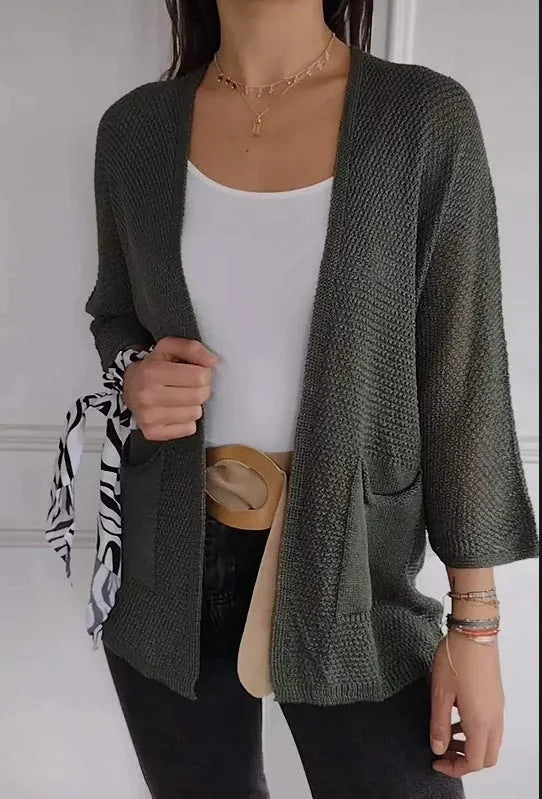 Women's waffle knit cardigan coat with nine-quarter sleeves in army green colour