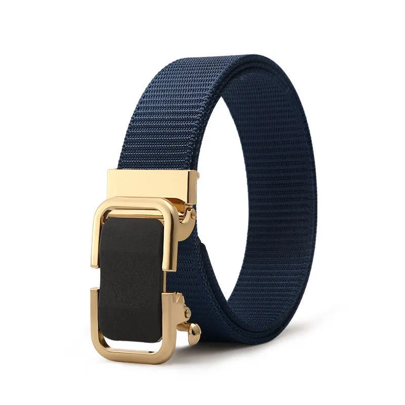 Men's nylon canvas belt with a silver toothless alloy buckle on a grey strap.