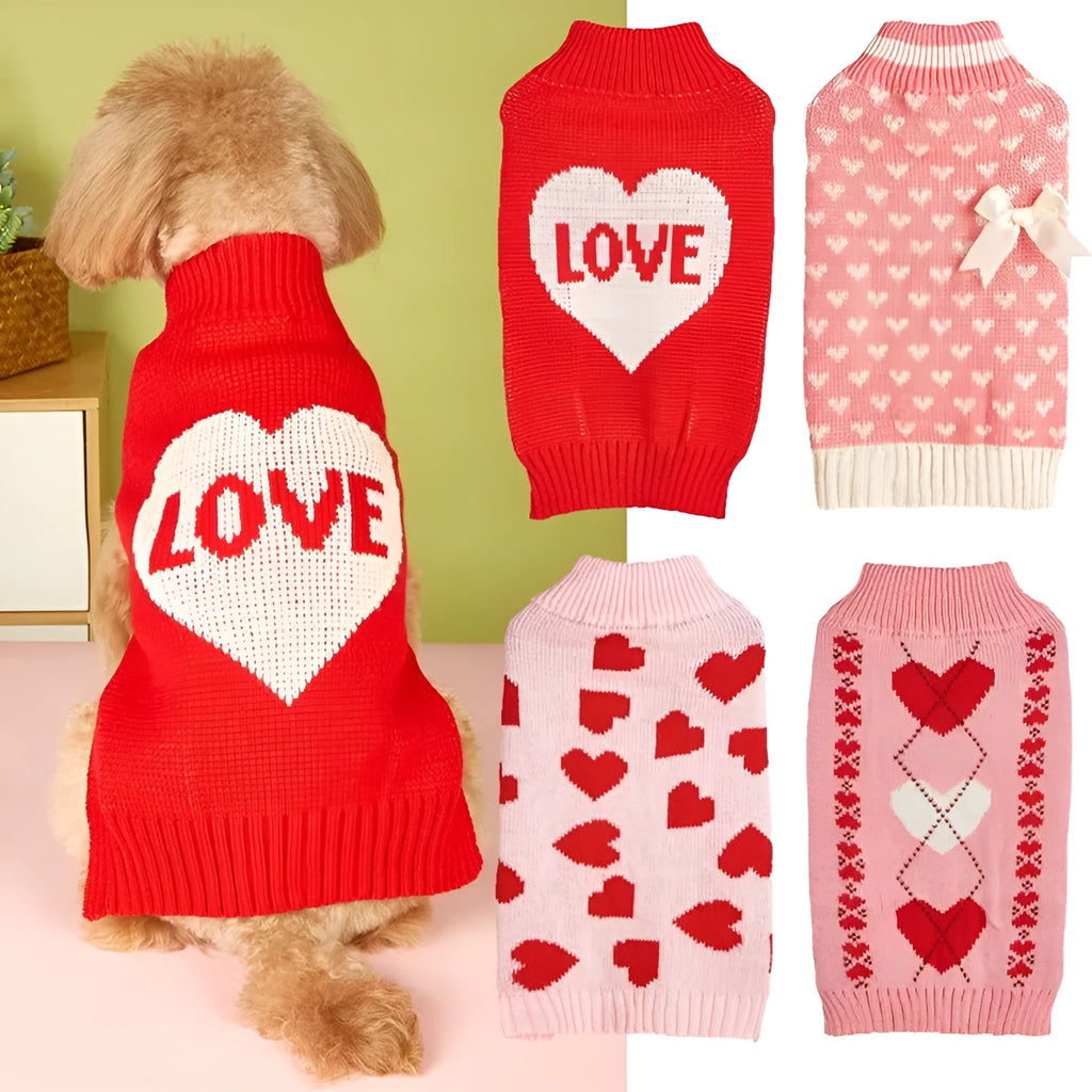 Red love heart dog sweater on small dog with bow design alternative colours available