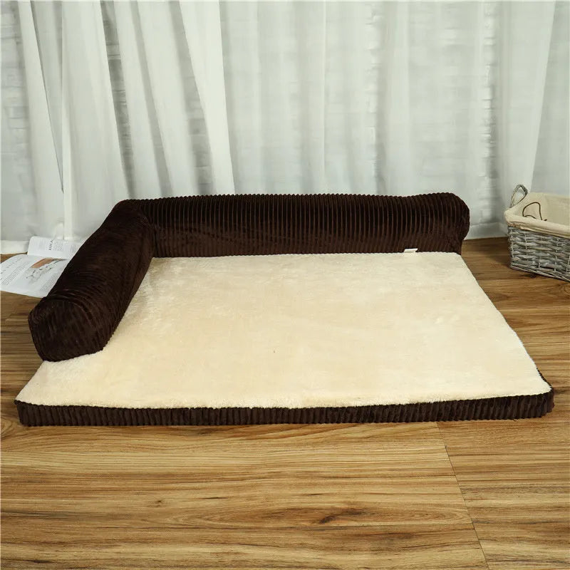 Corduroy fabric pet sofa dog bed in a grey colour, showing raised sides and plush high-density sponge padding.