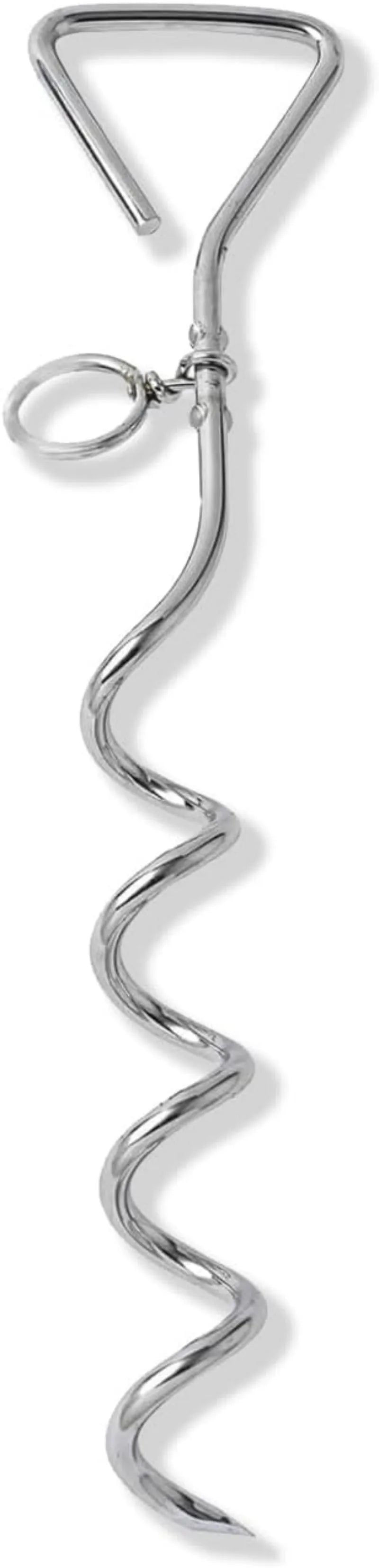 Medium silver spiral dog tie out stake made of steel for secure outdoor tethering