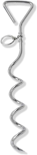 Medium silver spiral dog tie out stake made of steel for secure outdoor tethering