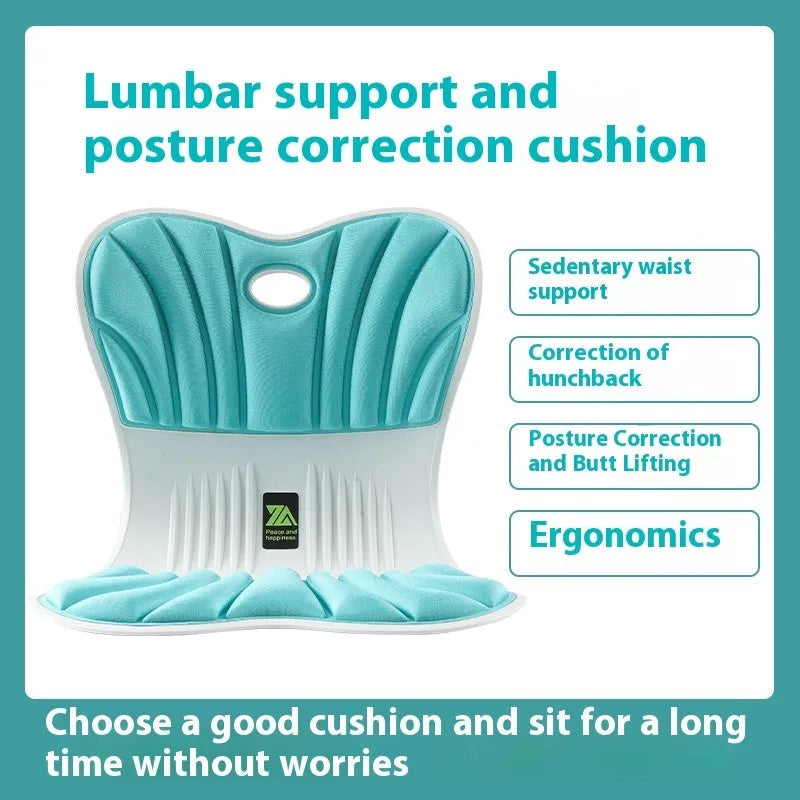 Grey ergonomic office seat cushion for waist support and posture correction on a chair.