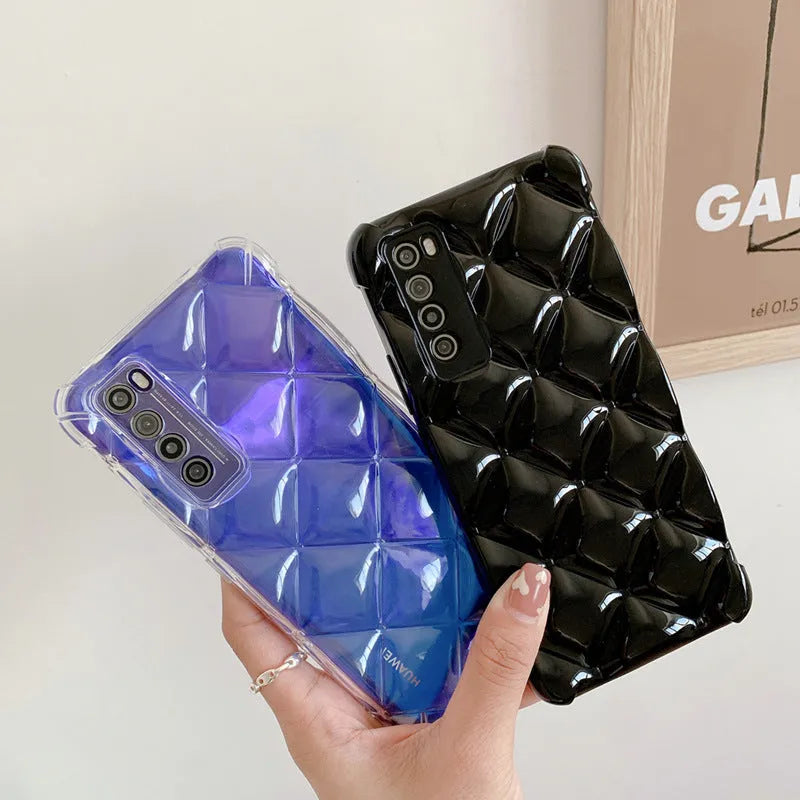 Silicone diamond pattern phone case for Huawei models in black, green, pink or white.