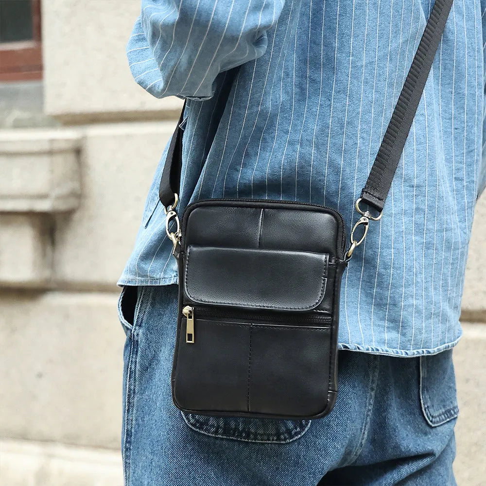 Men's brown leather crossbody shoulder bag with sewing line details and polyester cotton lining