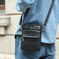 Men's brown leather crossbody shoulder bag with sewing line details and polyester cotton lining