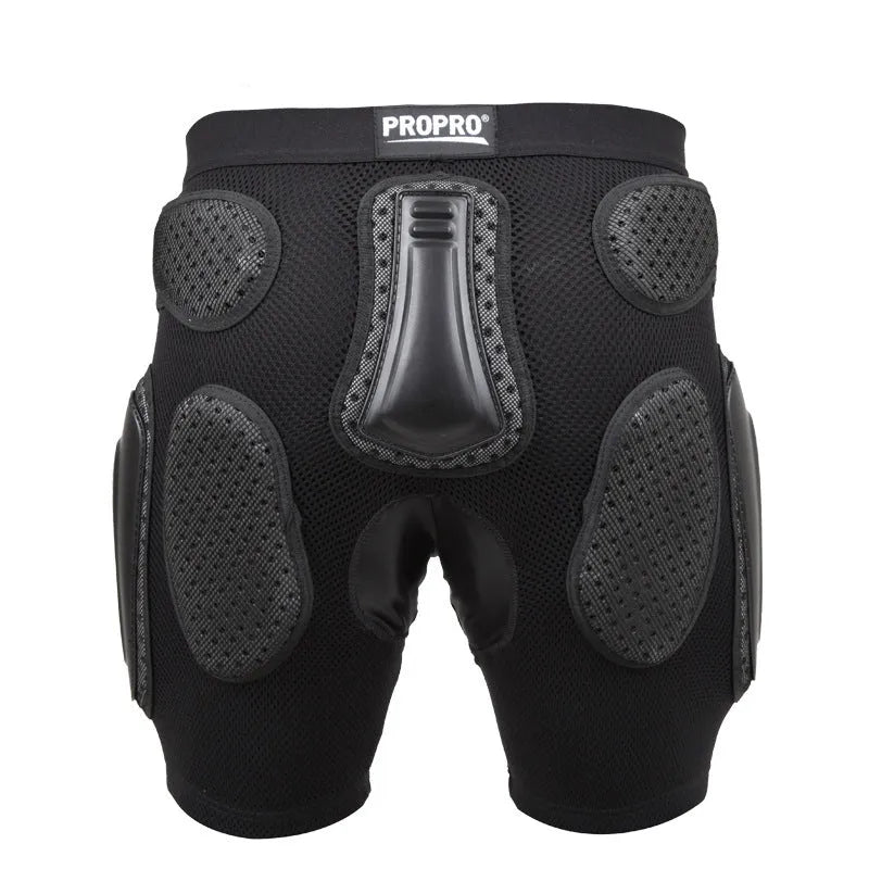 Black cycling hip protection pants showing padded construction for impact safety during mountain biking.