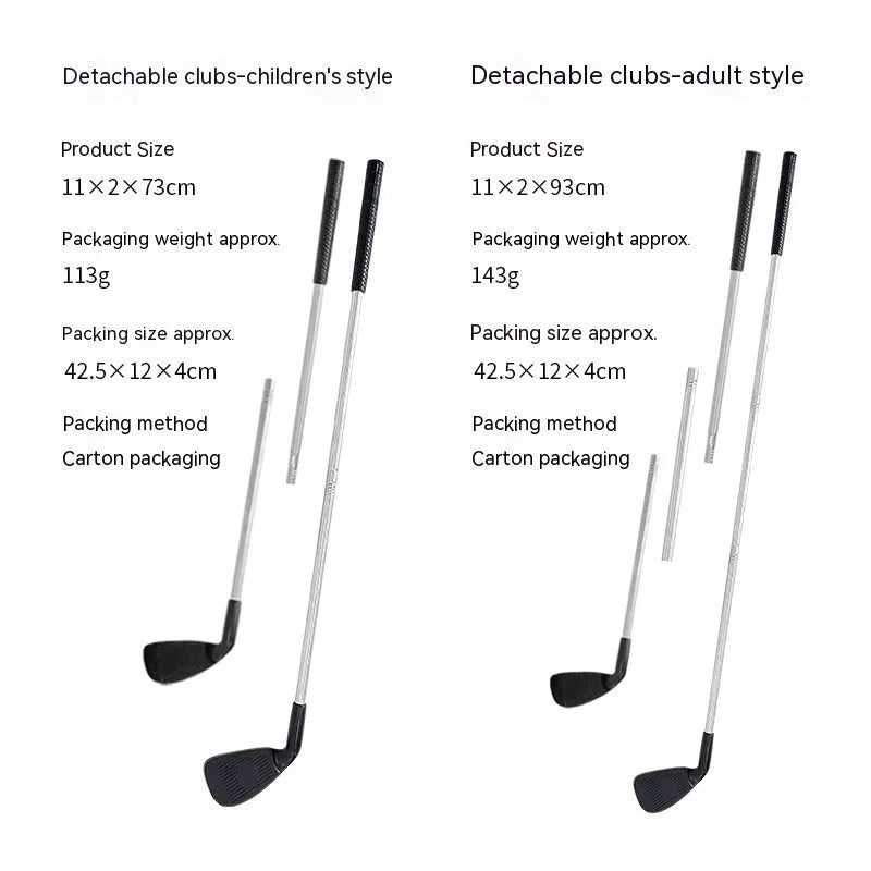 Metal golf practice club set showing adult and children's sizes for outdoor sports