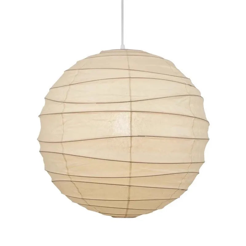 Japanese style white rice paper pendant chandelier with a woven frame, shown in a room setting.