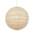 Japanese style white rice paper pendant chandelier with a woven frame, shown in a room setting.