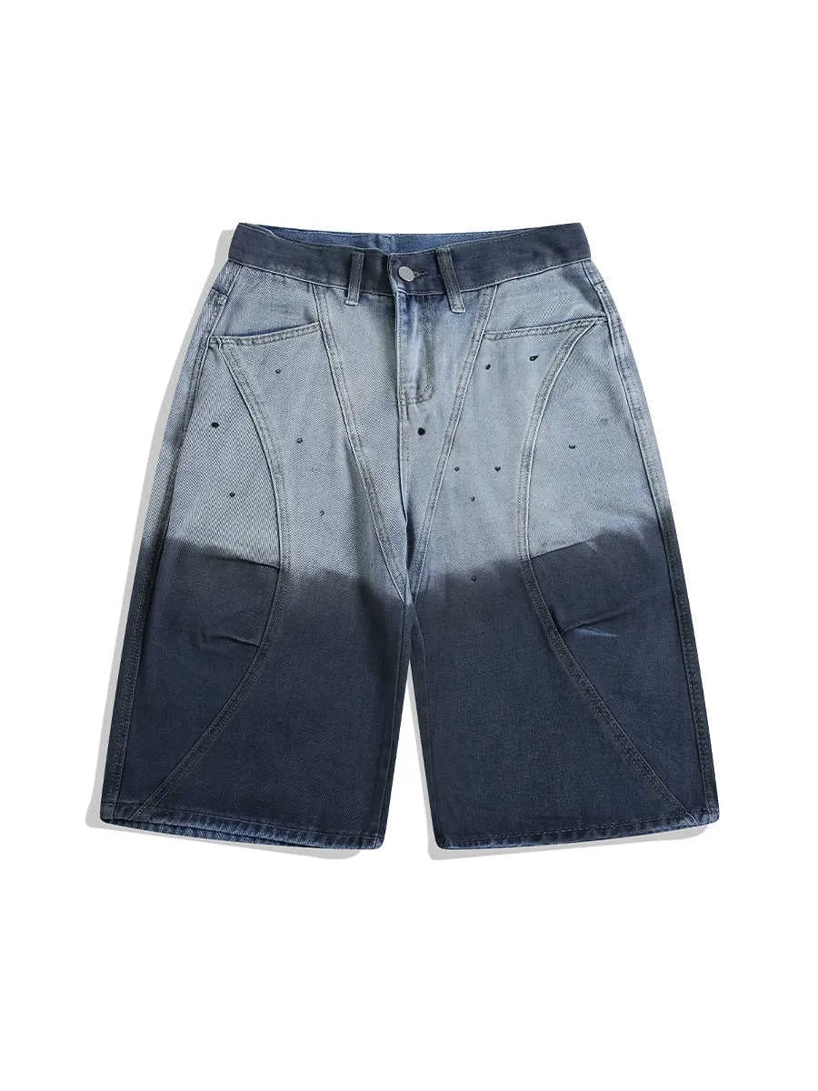 Blue tie-dye gradient cropped jeans with loose fit and washed-out colour