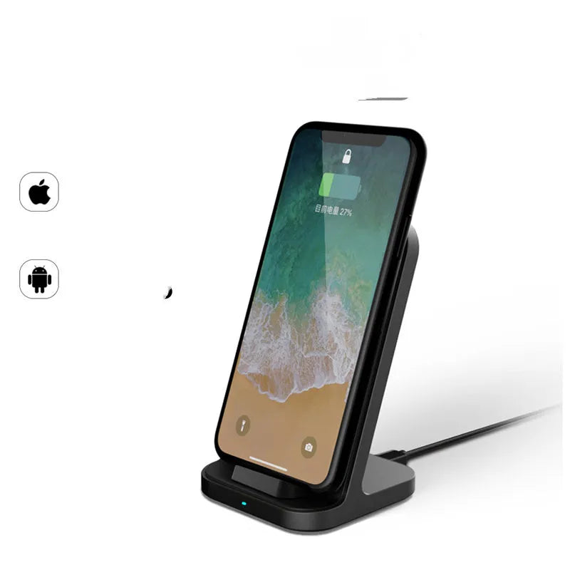 Dark grey vertical wireless charging stand for Apple iPhone smartphones on desktop