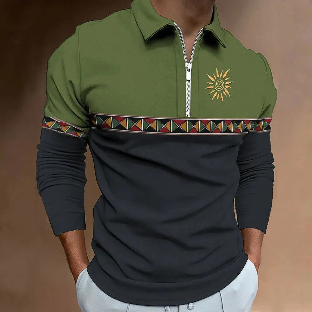 Men's loose-fit long-sleeved t-shirt with retro colour printing and a zip decoration detail.