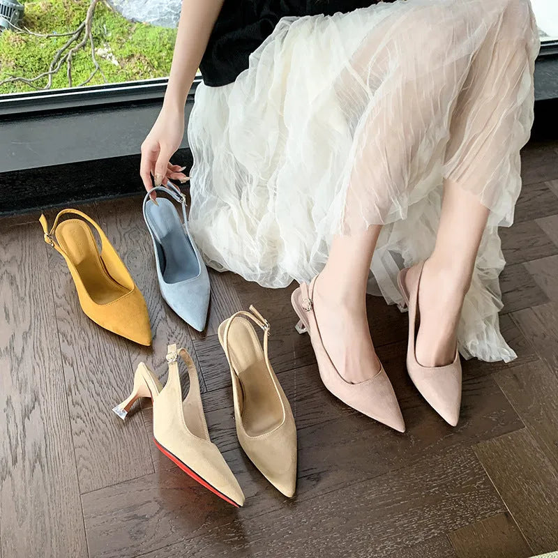 Women's pointed stiletto high heel shoes in suede, showing apricot, pink, blue, and yellow colour options.