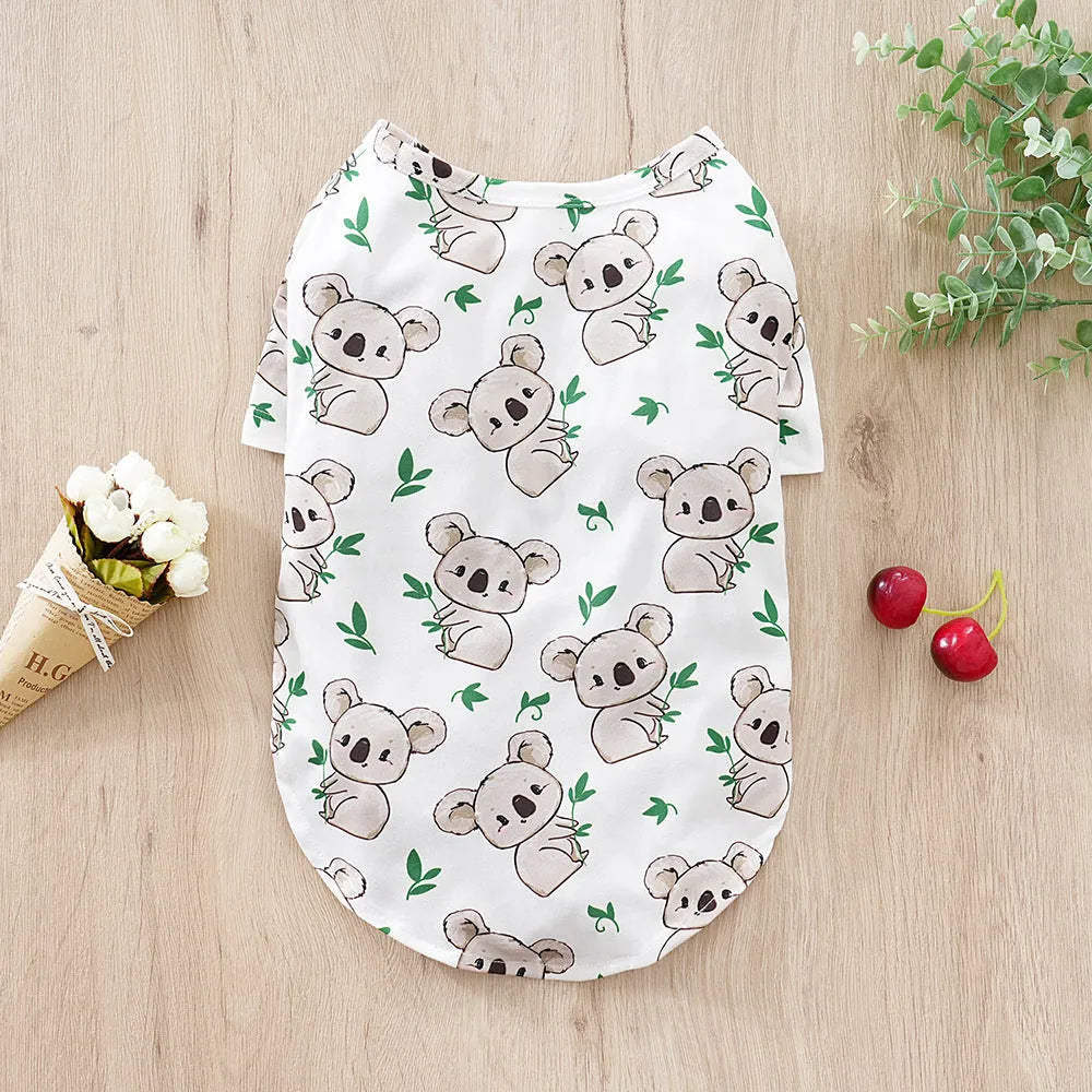 Small dog wearing full print polyester T-shirt clothing in casual style with measured bust and back length