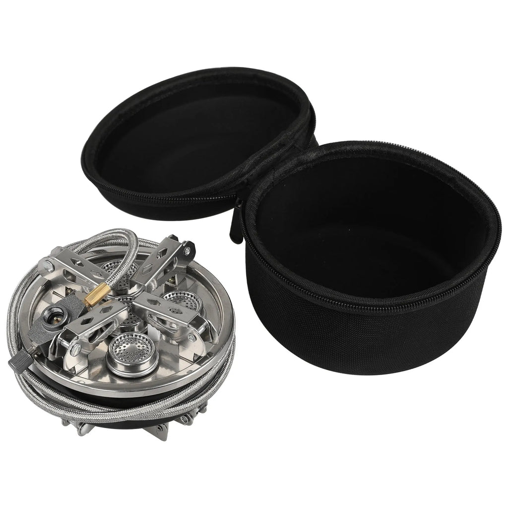 Silver foldable stainless steel split camping stove with a hose, shown with dimensions 155mm by 125mm.