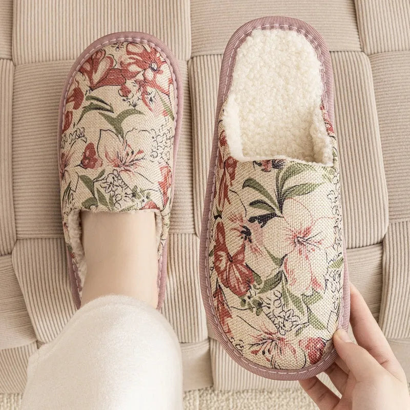 Household cotton slippers with floral patterns and PVC soles in various colours and sizes