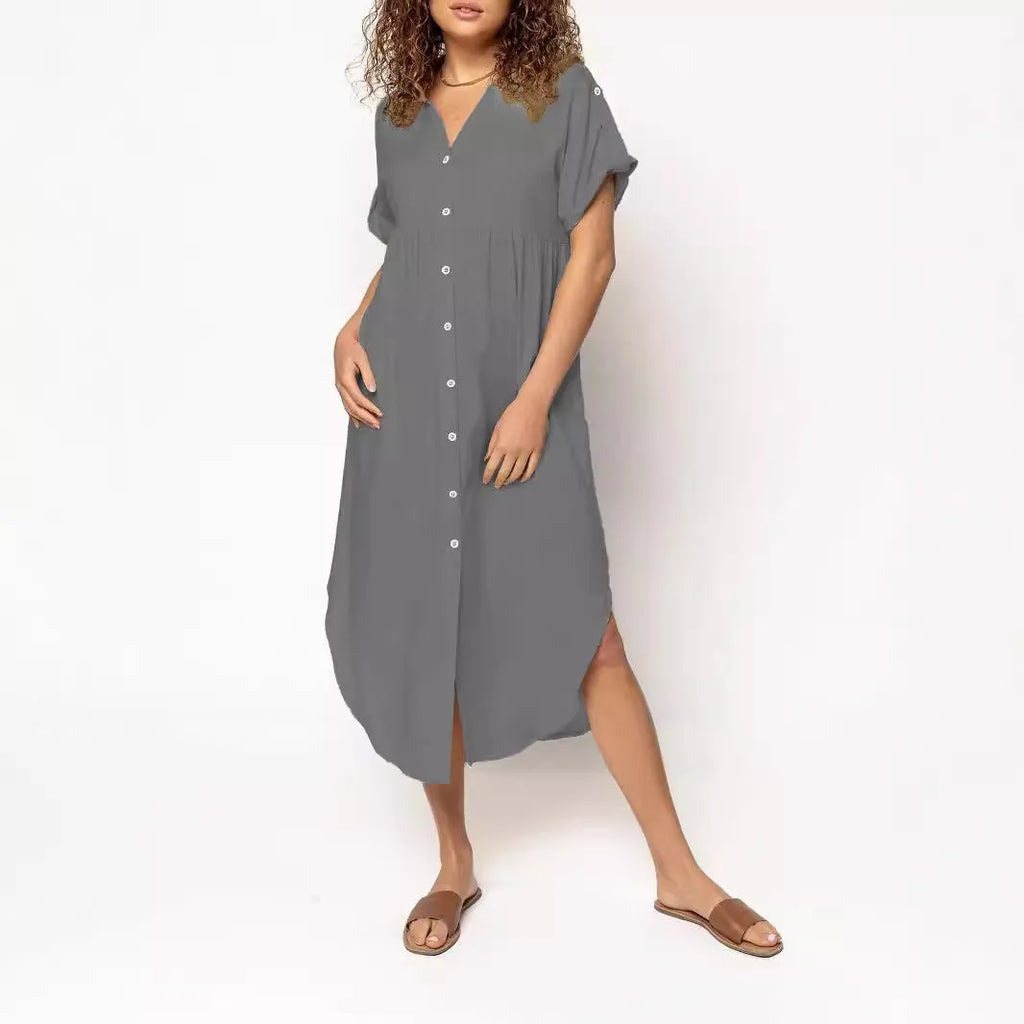 Button-front mid-length casual dress in loose fit available in multiple solid colours