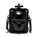 Black gothic skull crossbody bag with square shape, stitching and metal rivet detailing