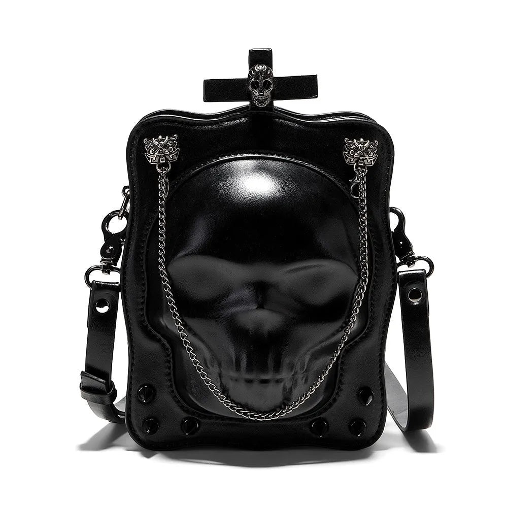 Black gothic skull crossbody bag with square shape, stitching and metal rivet detailing