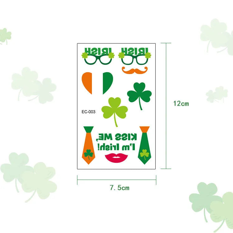 Pack of St Patrick's Day clover temporary tattoo stickers, 120mm by 75mm water transfer design.
