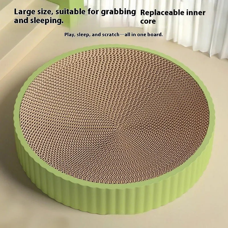Green and white 55cm round cat scratching board with replaceable corrugated paper surface