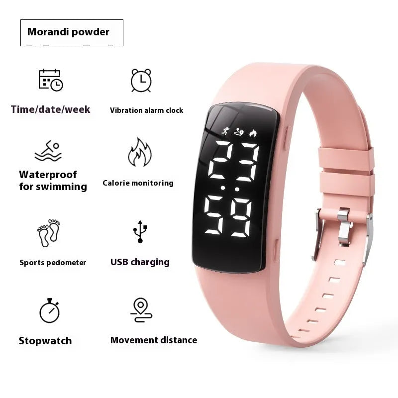 Vibration alarm smart watch with LED display on a silicone strap, shown in a choice of colours.