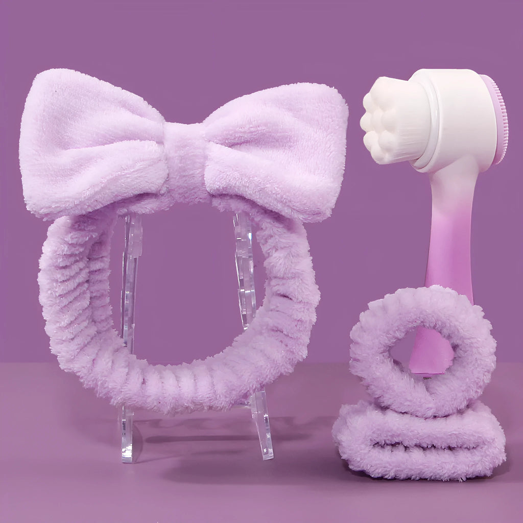 Facial brush set with coral fleece hair band in purple, nylon brush with plastic handle for skincare cleansing