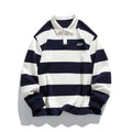 A loose-fitting, striped pearl cotton polo shirt with a lapel collar, shown in sapphire blue.
