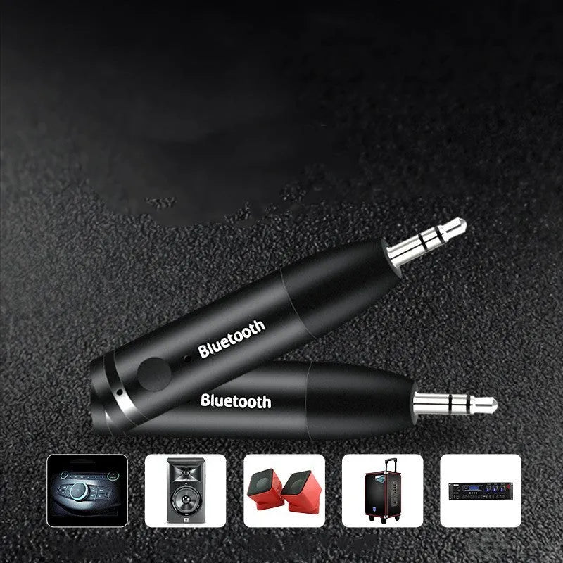 Black Bluetooth audio receiver with AUX cable for car stereo wireless music streaming