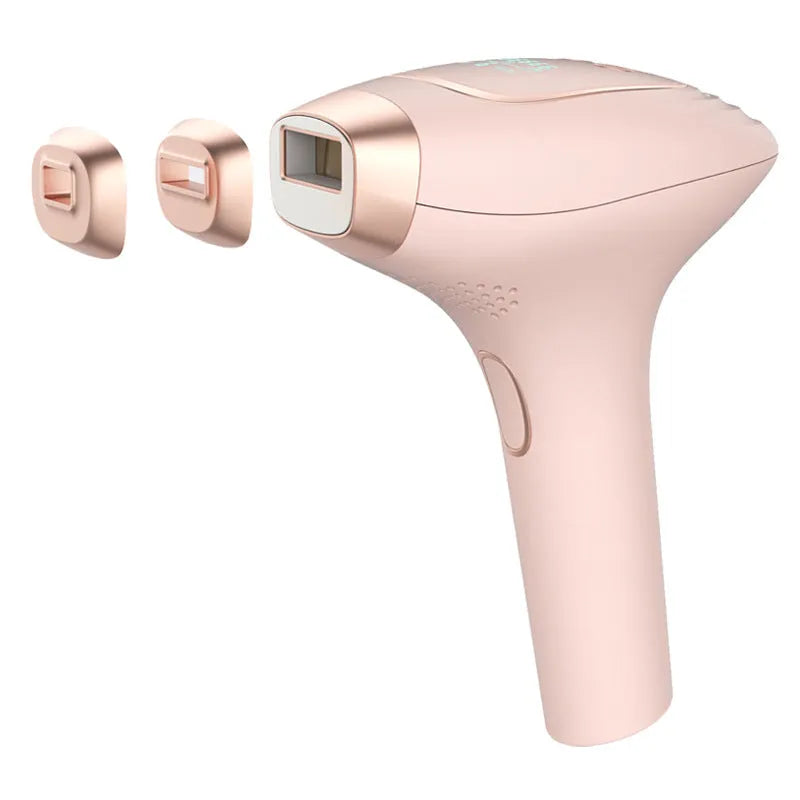 Pink and white three-in-one ice-sensing laser hair removal device with glasses and accessories