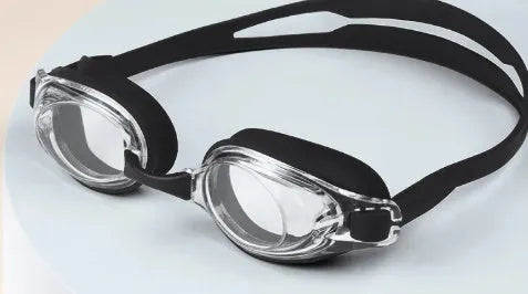 Black frame prescription swimming goggles for myopia with anti-fog lenses and a storage case.