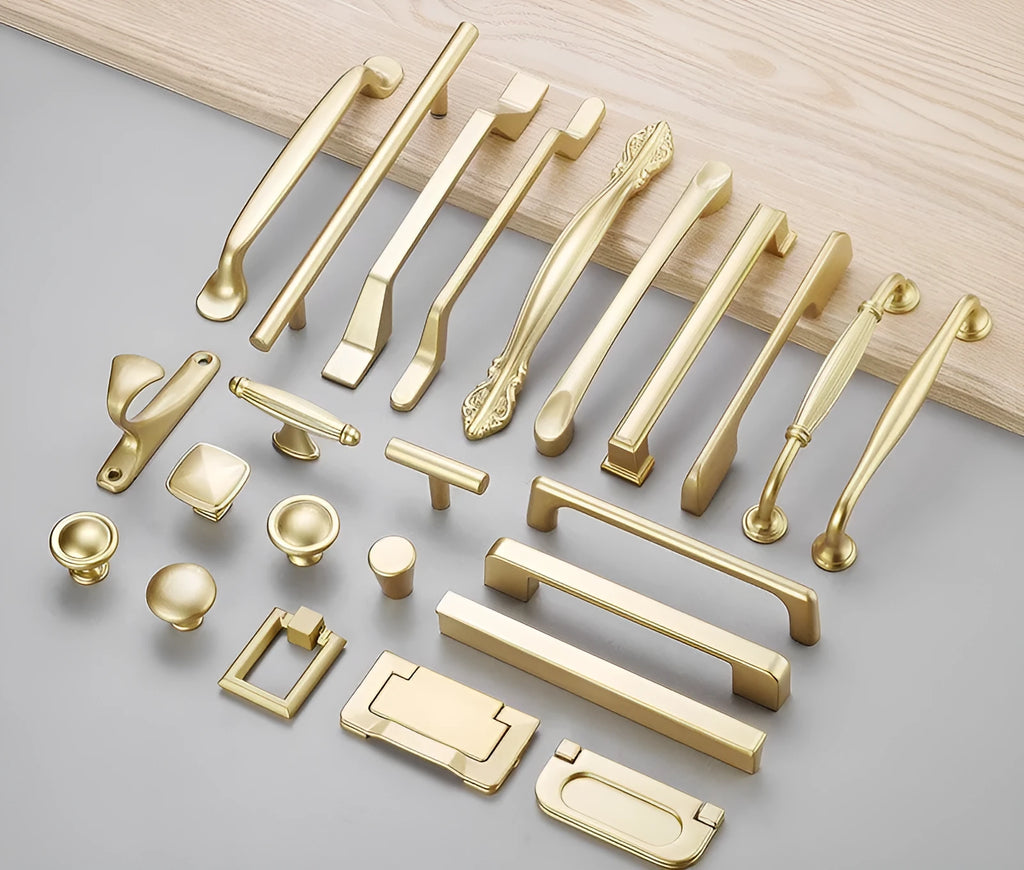 Gold aluminium alloy cabinet handle with T-shape design for single hole mounting