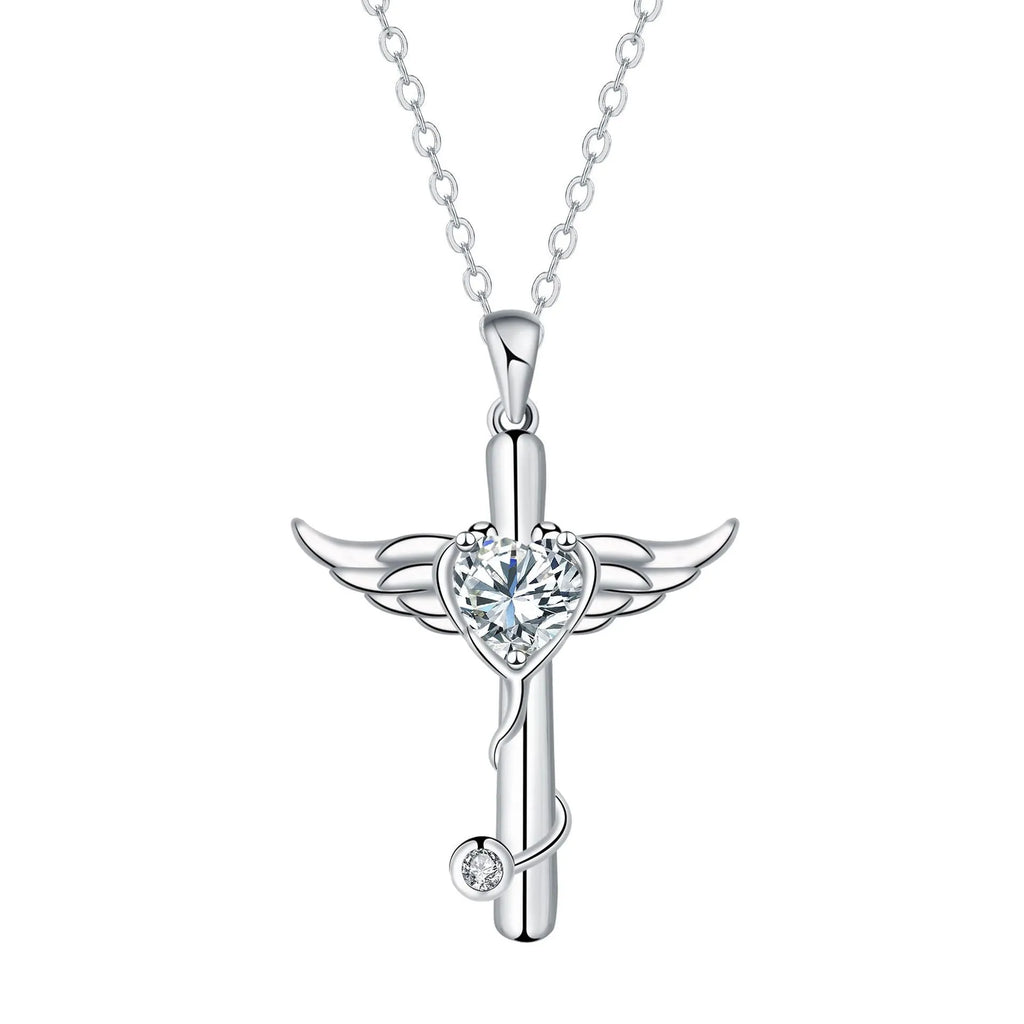 Copper cross stethoscope necklace with wings pendant in white diamond or red diamond electroplated finish