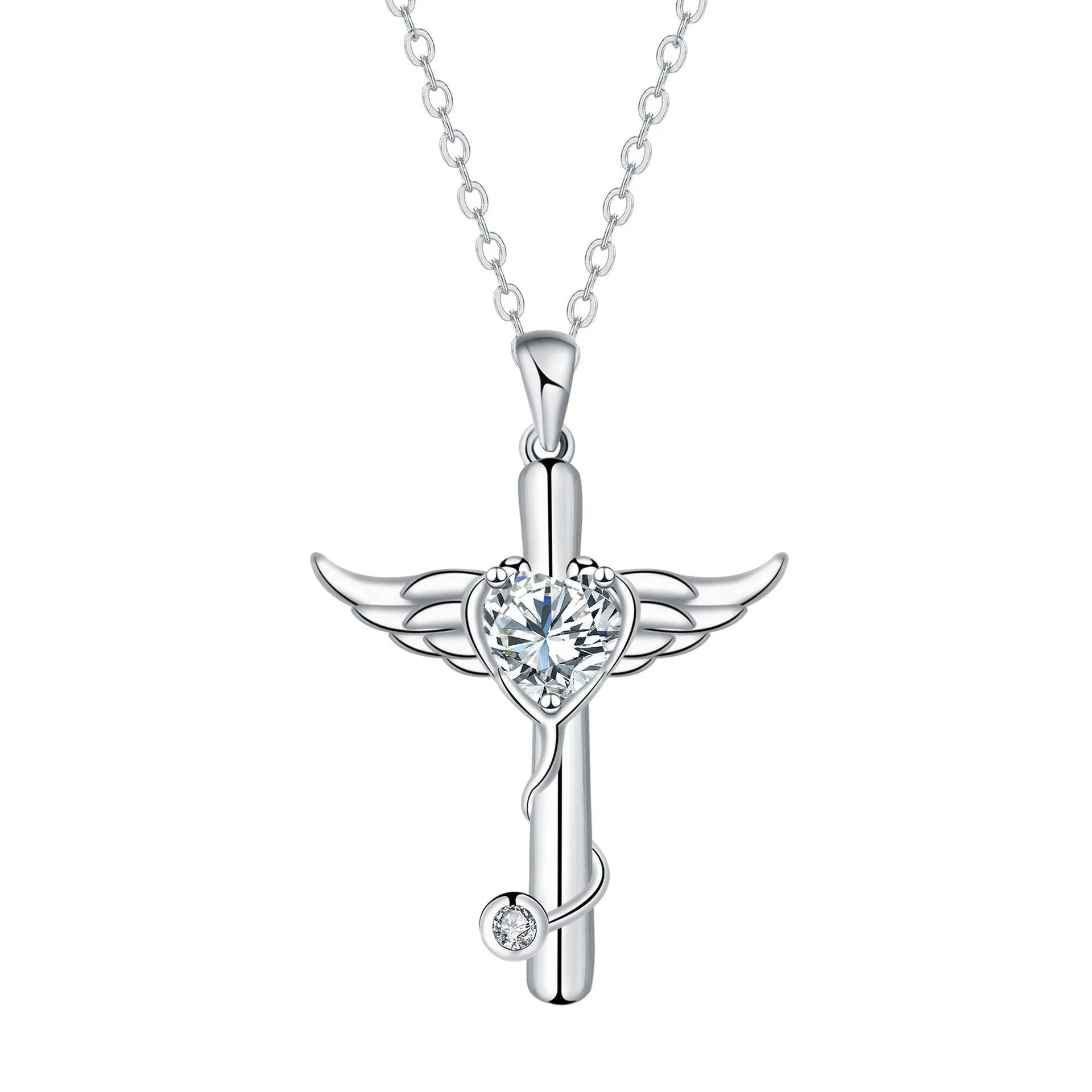 Copper cross stethoscope necklace with wings pendant in white diamond or red diamond electroplated finish