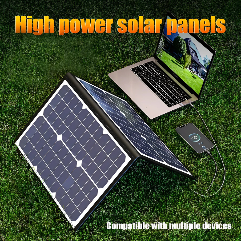 Black 40W solar folding bag showing folded configuration and single crystal solar cells