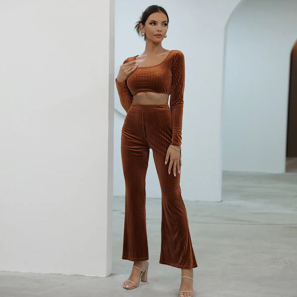 Caramel coloured long sleeve sweater casual set with matching top and trousers on hanger