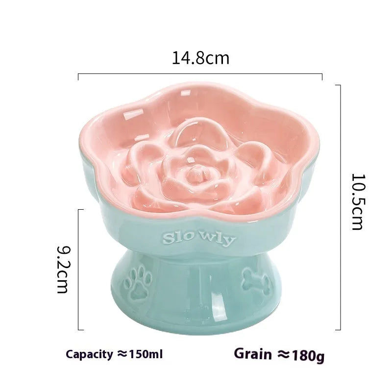 Ceramic pet bowl with anti-tumble design and raised chin support for cats and dogs