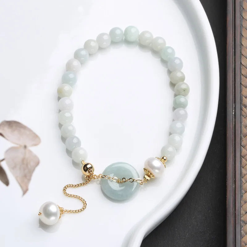 Natural emerald peace buckle pearl bracelet with jade round pendants and geometry shapes