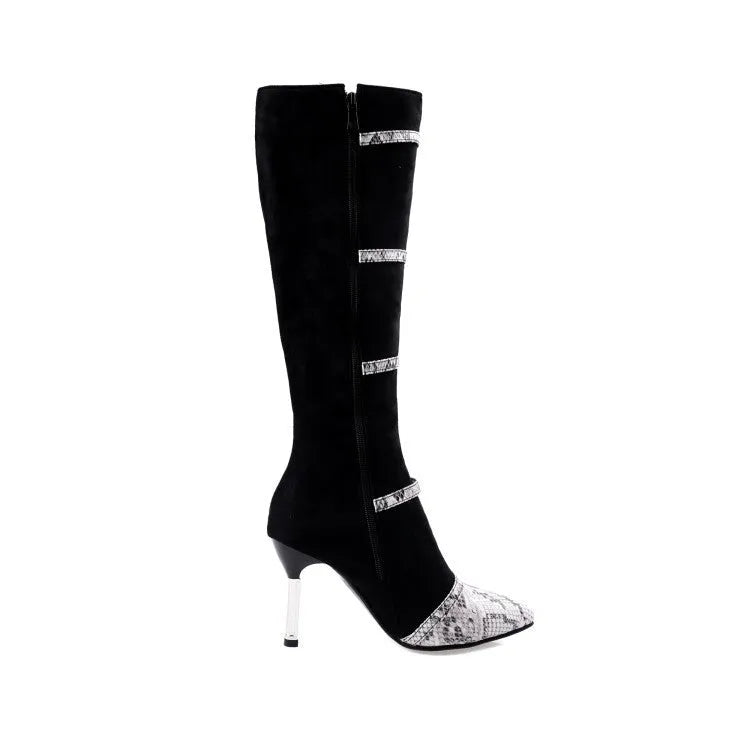 Women's black knee-high boots with high heel and velvet lining