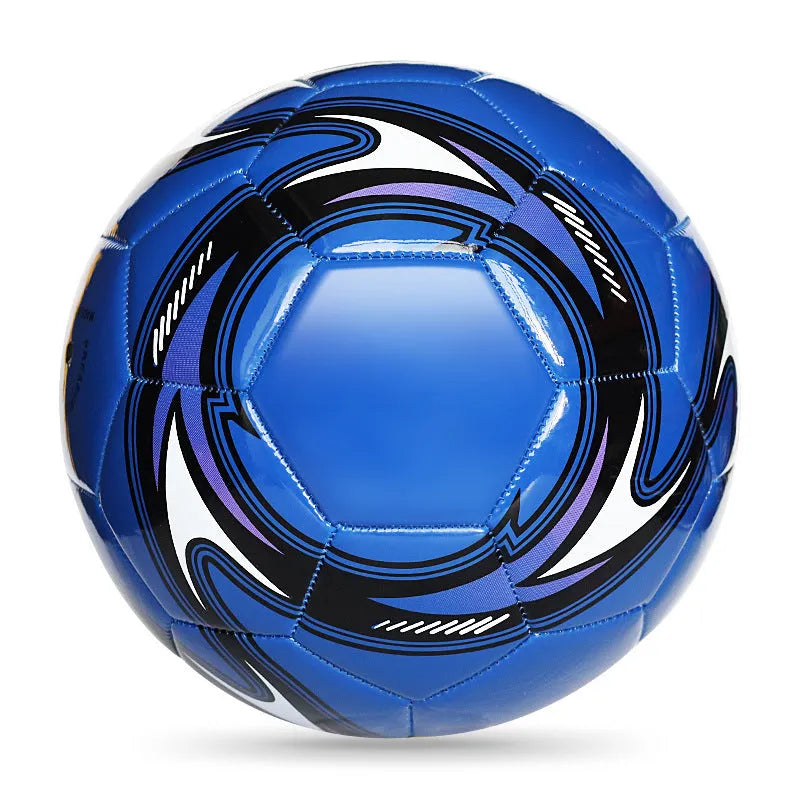 Machine-sewn PVC football in sizes 3, 4, and 5 shown in various colour patterns including red dragon roll and tornado blue.