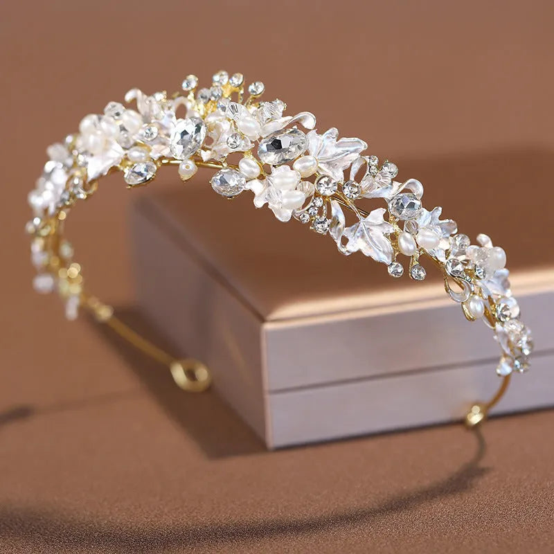 Women's pearl crown headdress with electroplated alloy construction in gold or silver colour