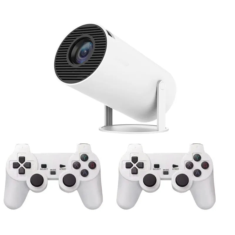 White Barrel X10 PLUS portable smart HD projector with gamepad and remote control on a table.