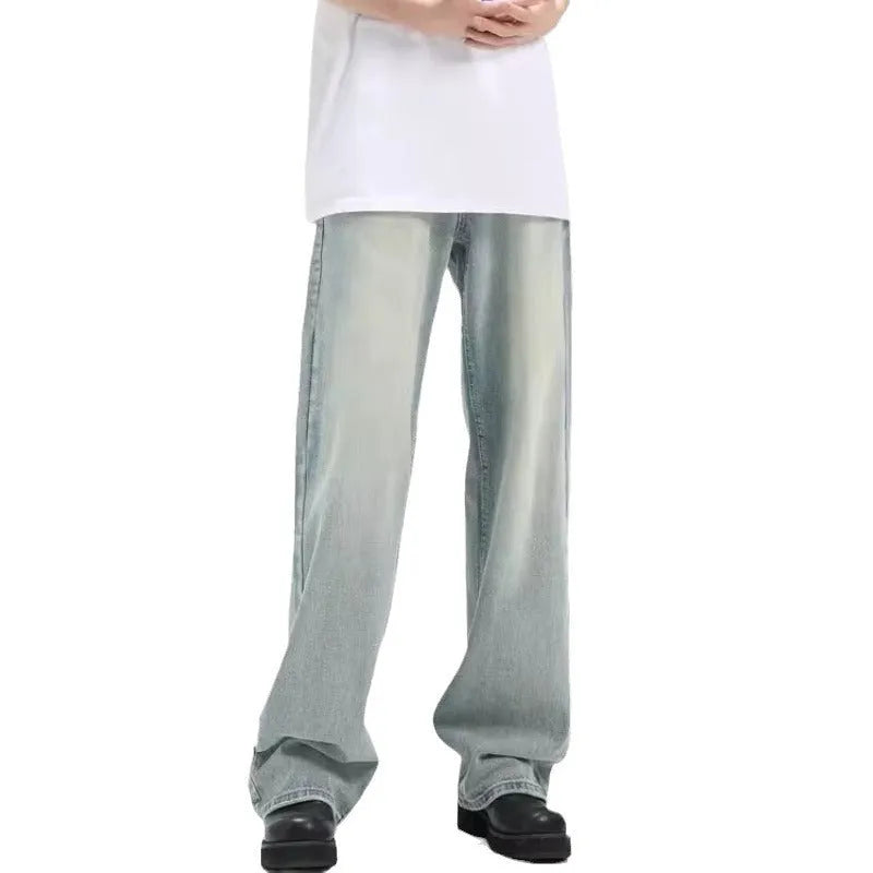 Blue loose-fit retro trousers made from rabbit fur fabric on a mannequin.
