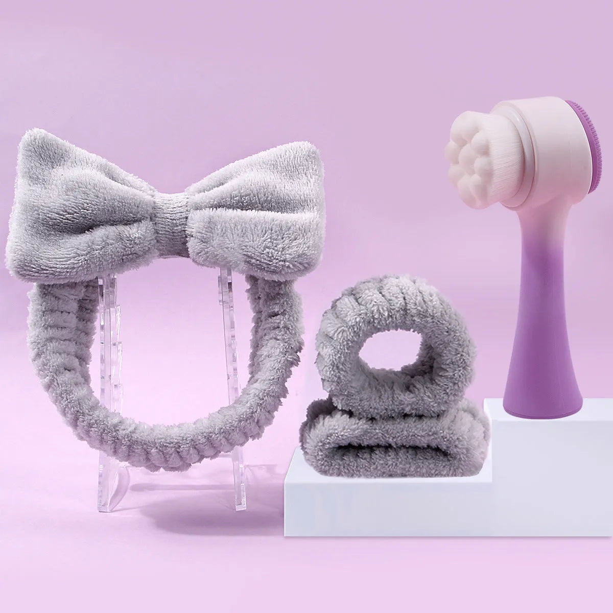 Facial brush set with coral fleece hair band in purple, nylon brush with plastic handle for skincare cleansing